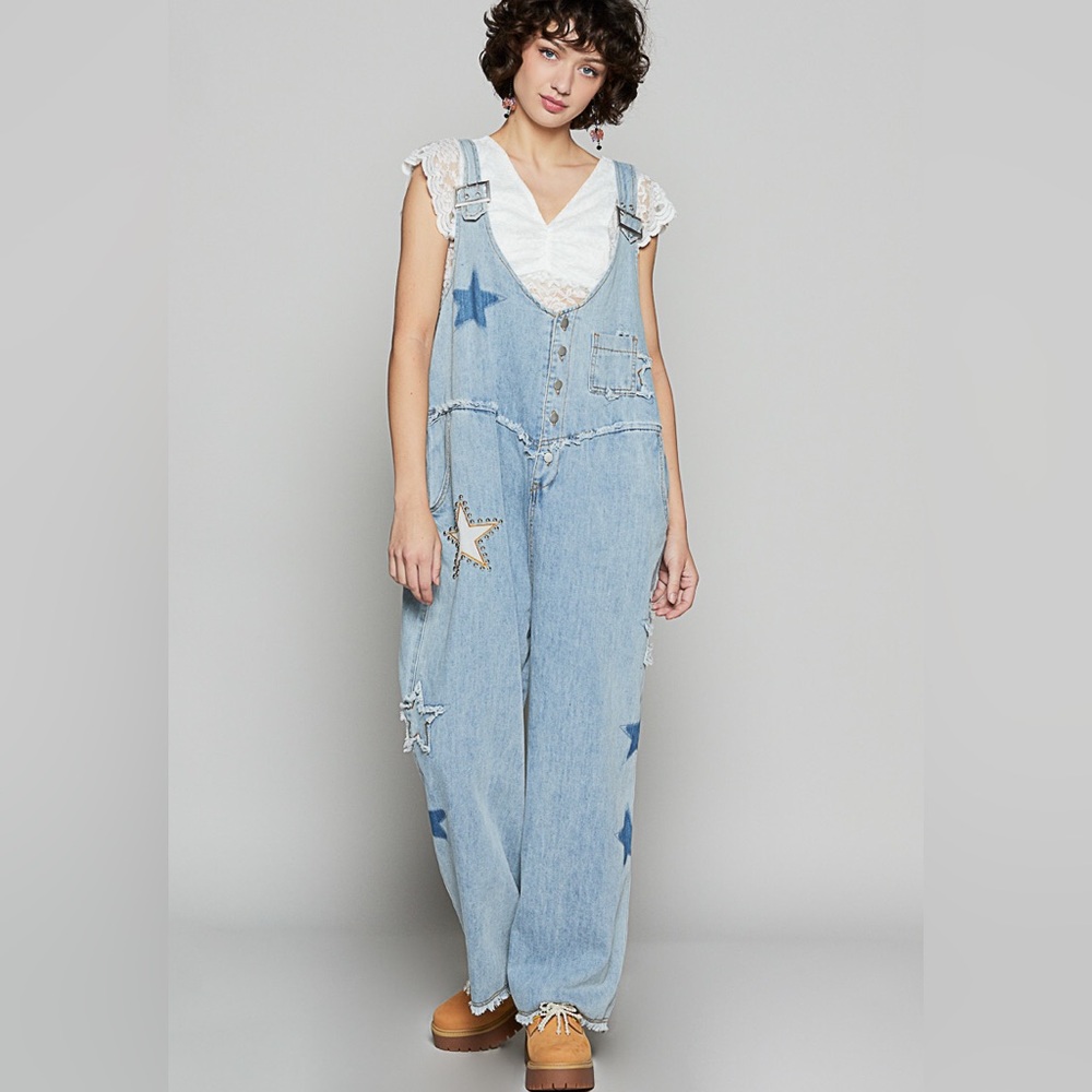 POL Light Blue Denim Overalls with Star Accents